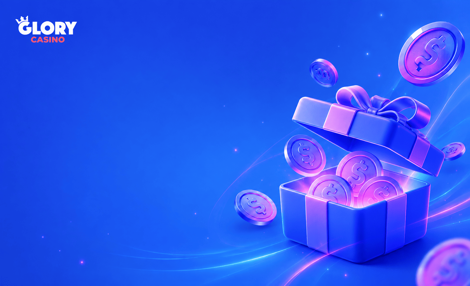 Glory Casino bonuses page background with an open gift box, glowing coins, and neon effects