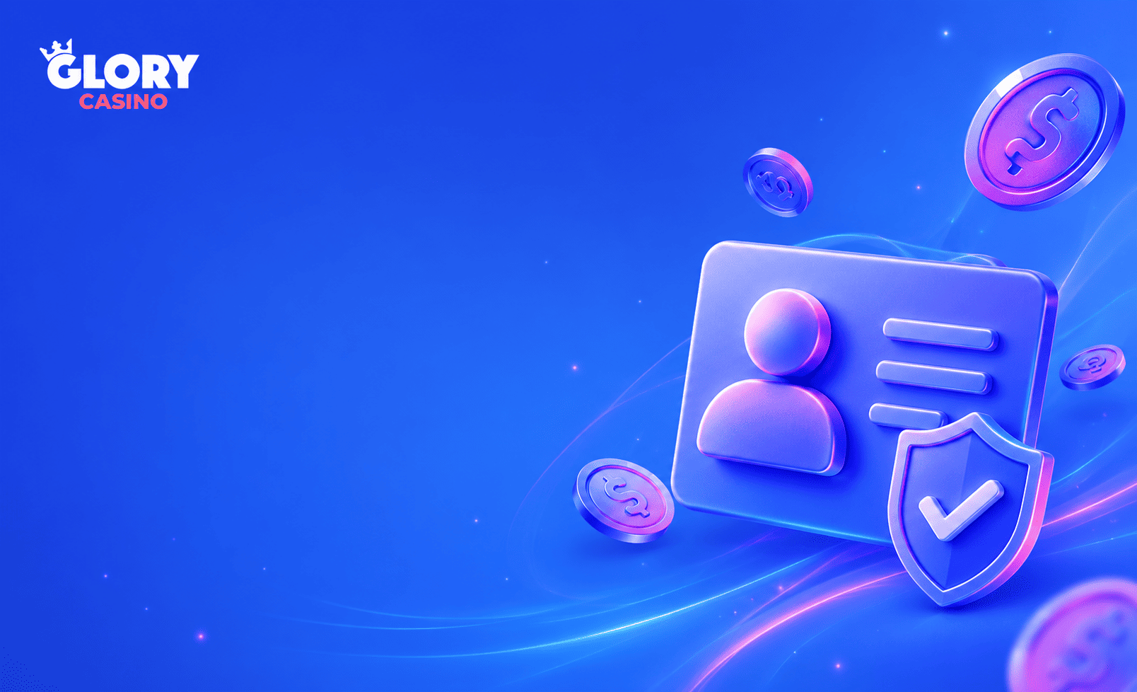Glory Casino registration page background with a 3D profile card, security shield, and neon coins on a blue gradient